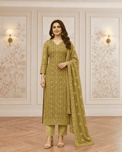 Unstitched Dusty Teal Green Viscose-Georgette Fabric Adorned With Delicate Ivory Thread Embroidered Suit Material