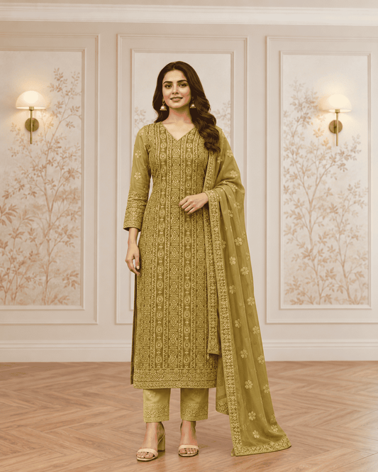 Unstitched Dusty Teal Green Viscose-Georgette Fabric Adorned With Delicate Ivory Thread Embroidered Suit Material