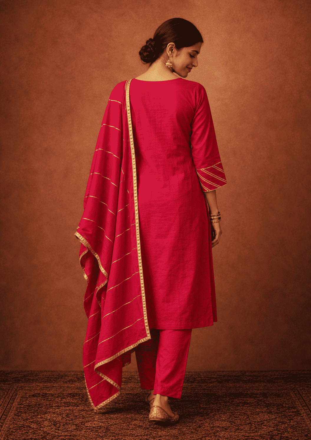 Fuchsia gota work cotton kurta pant set with gold stripes dupatta