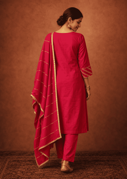 Fuchsia gota work cotton kurta pant set with gold stripes dupatta