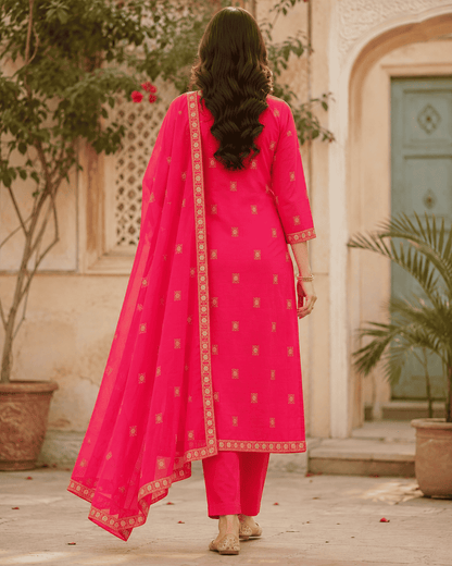 Fuchsia Pink Cotton Kurta Pant Set With Dupatta