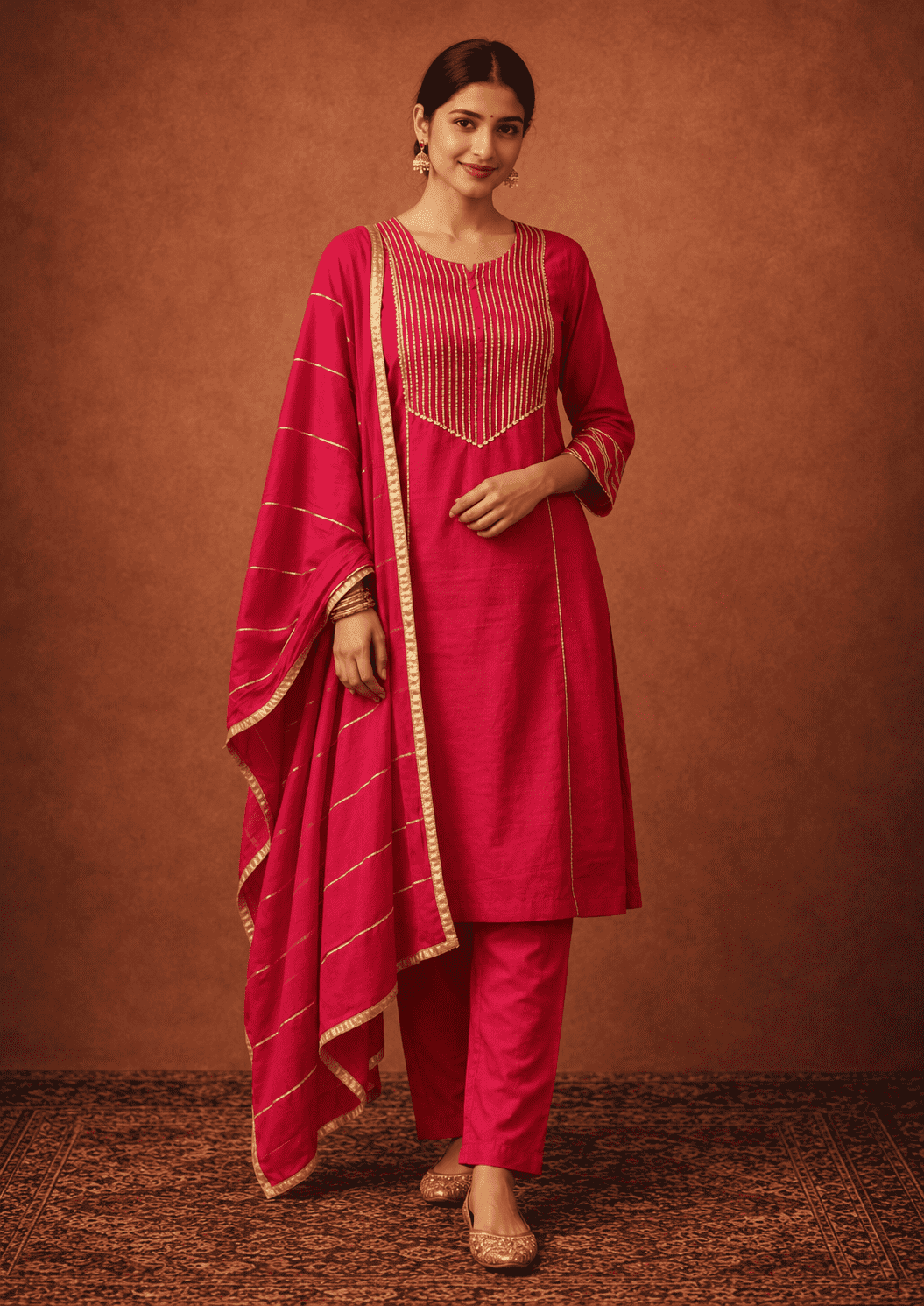 Fuchsia gota work cotton kurta pant set with gold stripes dupatta