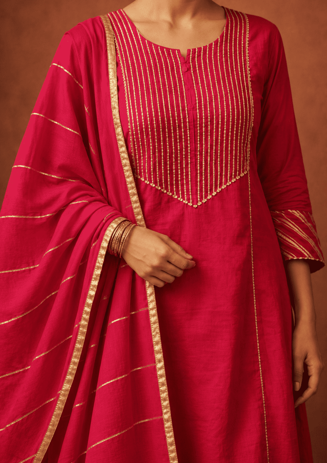Fuchsia gota work cotton kurta pant set with gold stripes dupatta