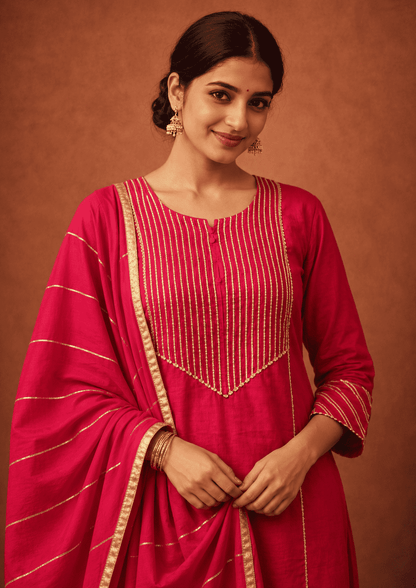 Fuchsia gota work cotton kurta pant set with gold stripes dupatta