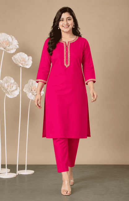 Rani Pink embroidered round neck silk kurta pant set