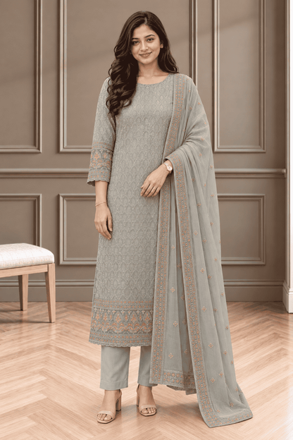 Unstitched Soft Dove-Grey Georgette Suit With Ivory Thread Embroidery And Subtle Sequin Highlights