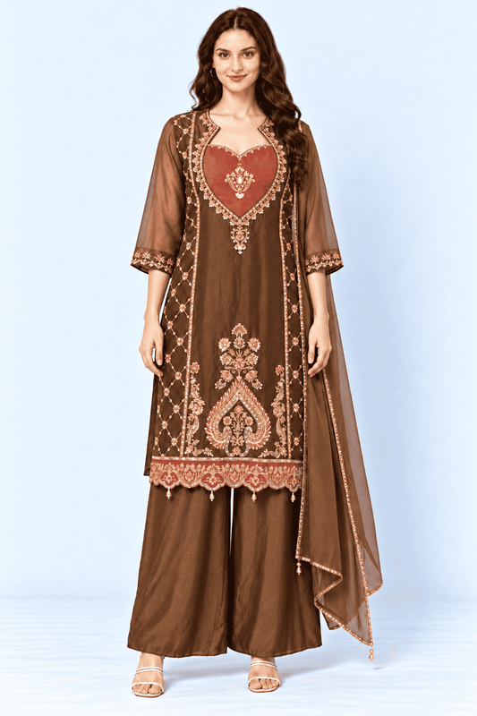 Brown Embroidered Tissue Kurta and Pant with Dupatta