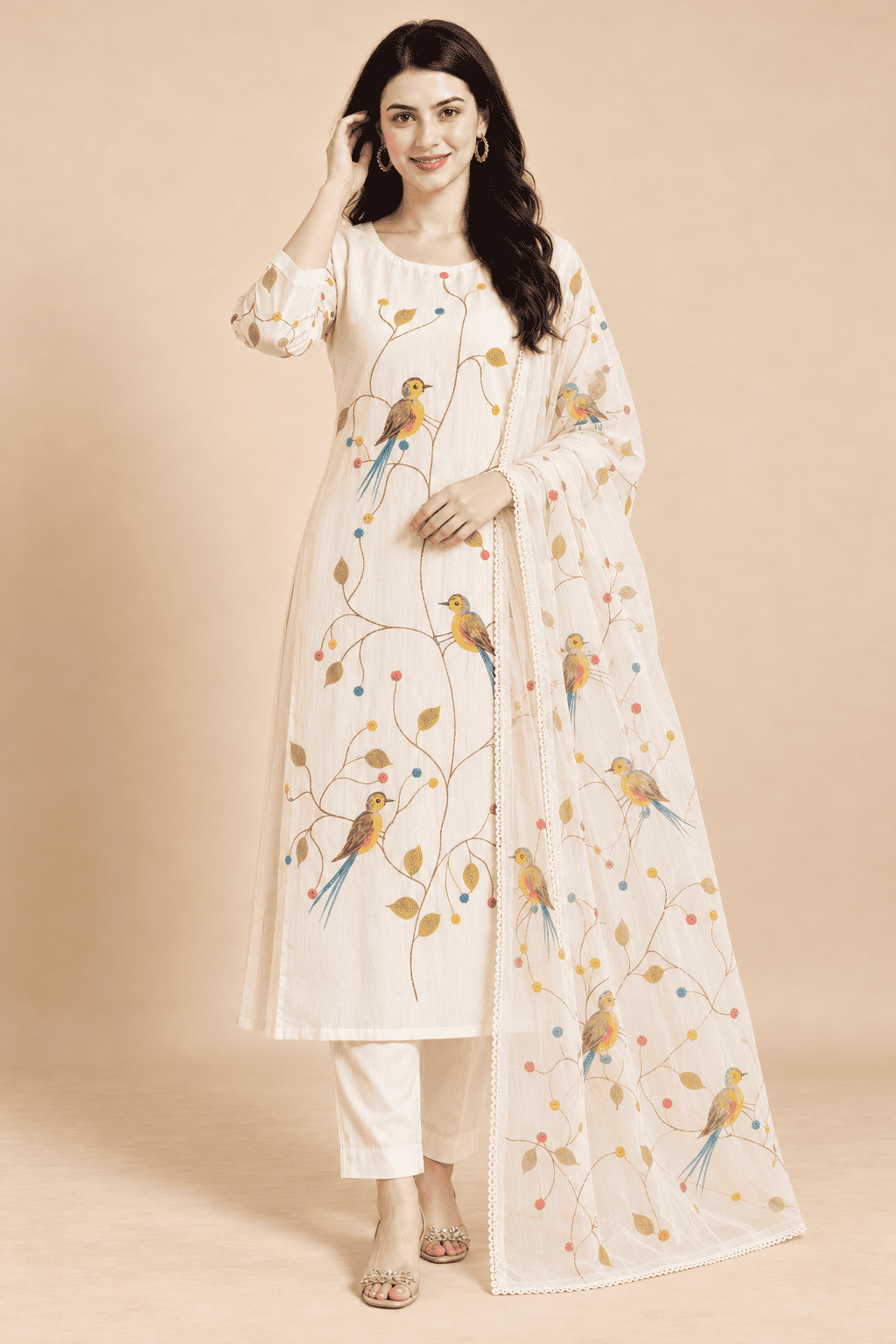 Ivory rayon bird print kurta pant with dupatta