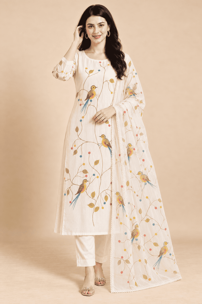 Ivory rayon bird print kurta pant with dupatta