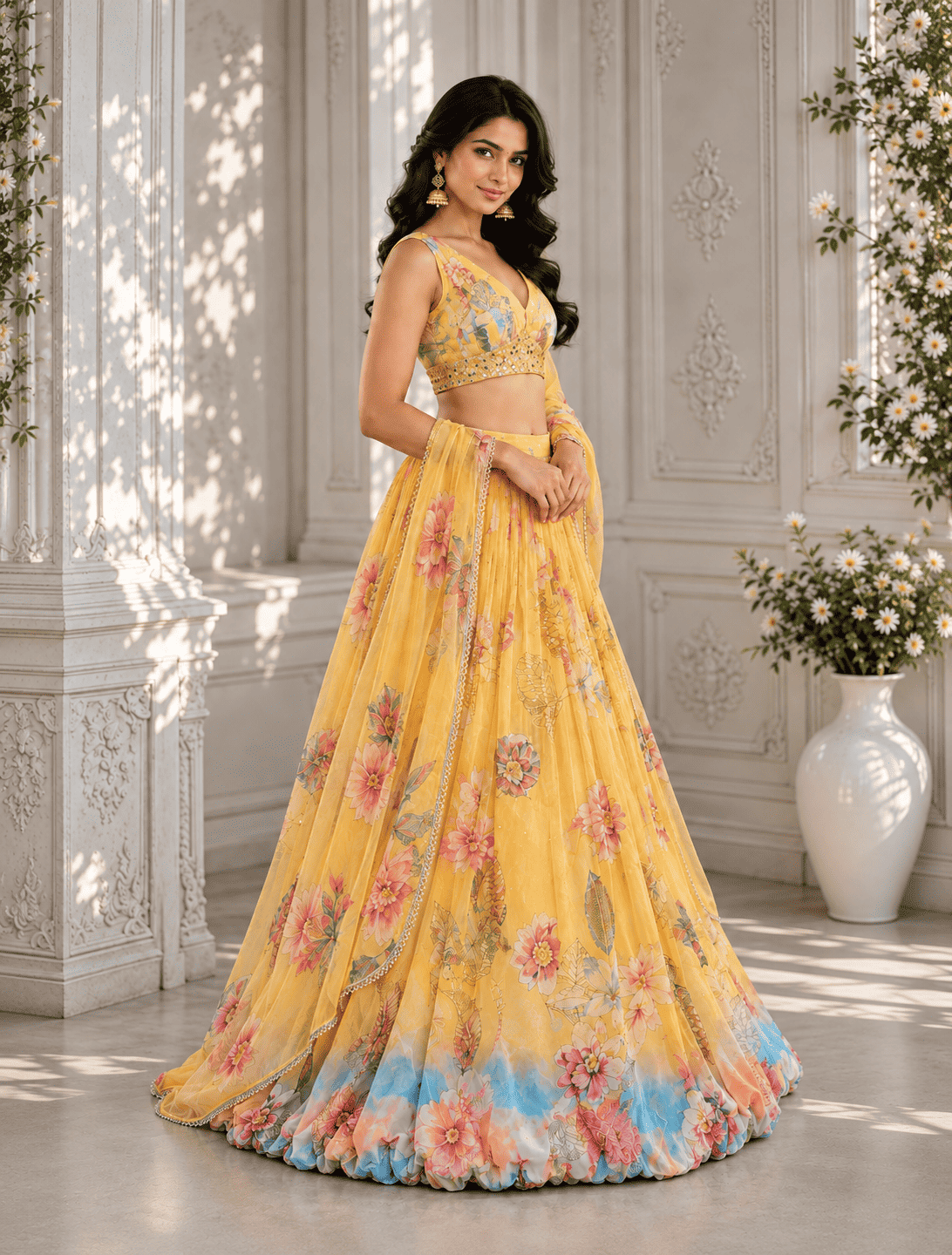 Yellow floral tebby organza lehenga choli with dupatta