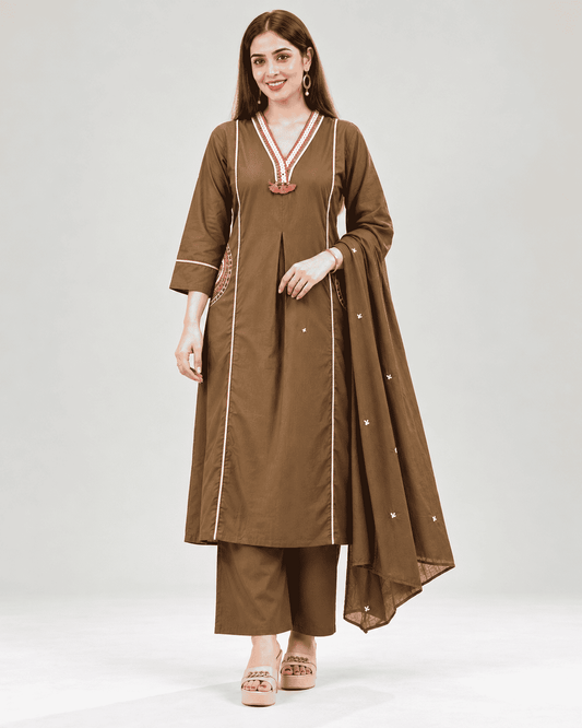 Brown Embroidered Cotton Kurta and Pant with Dupatta