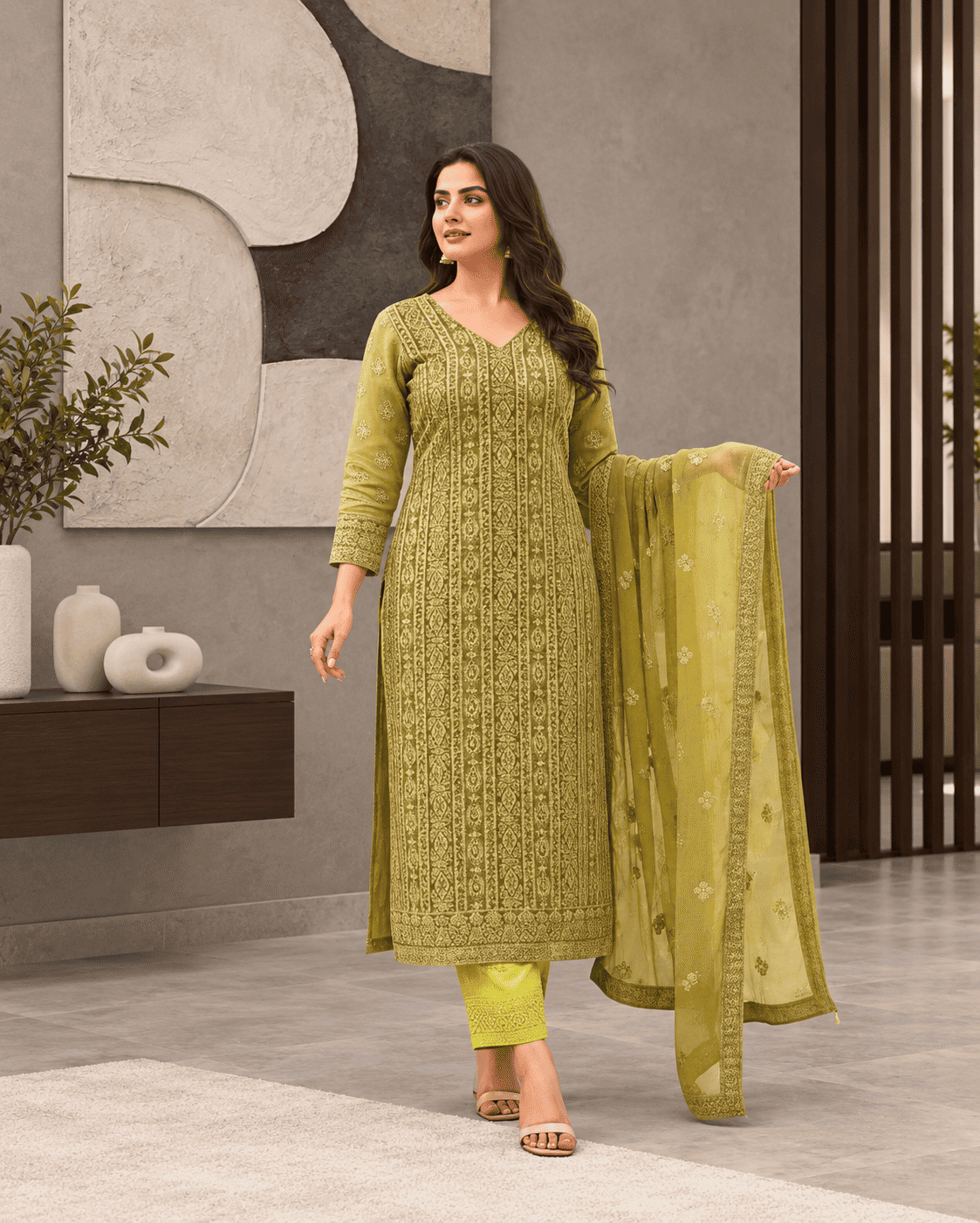 Unstitched Dusty Teal Green Viscose-Georgette Fabric Adorned With Delicate Ivory Thread Embroidered Suit Material