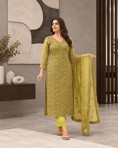 Unstitched Dusty Teal Green Viscose-Georgette Fabric Adorned With Delicate Ivory Thread Embroidered Suit Material