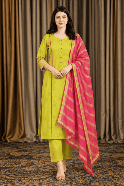 Lime green cotton embroidered kurta pant set with pink dupatta