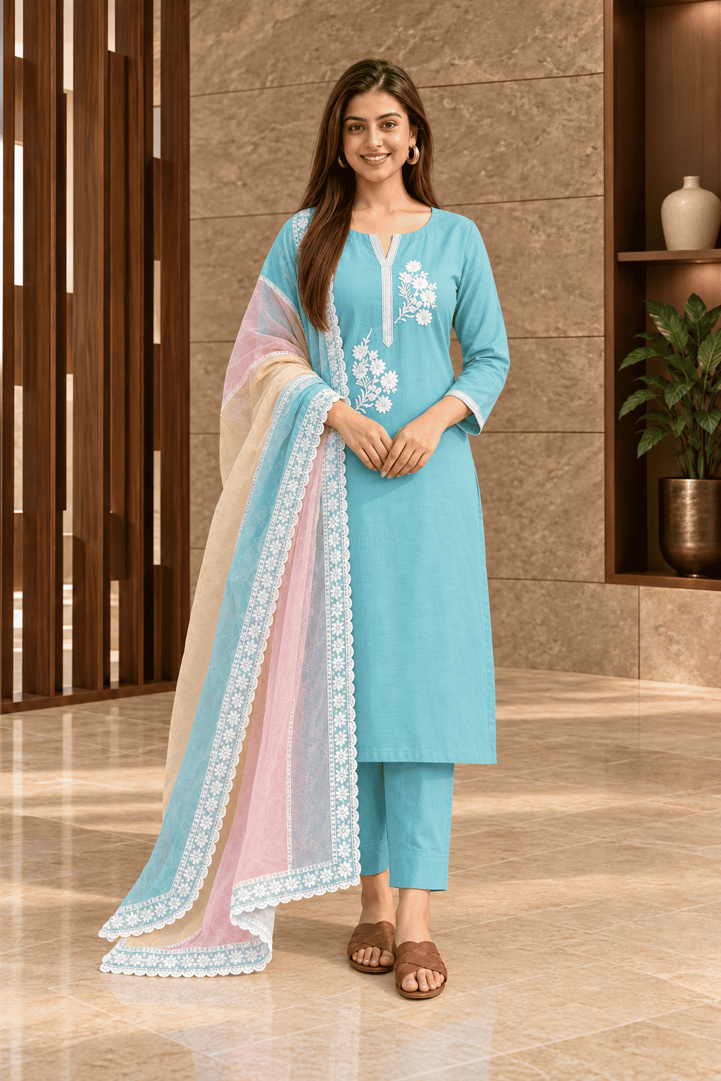 Unstitched sea green embroidered cotton suit set with a contrasting dupatta