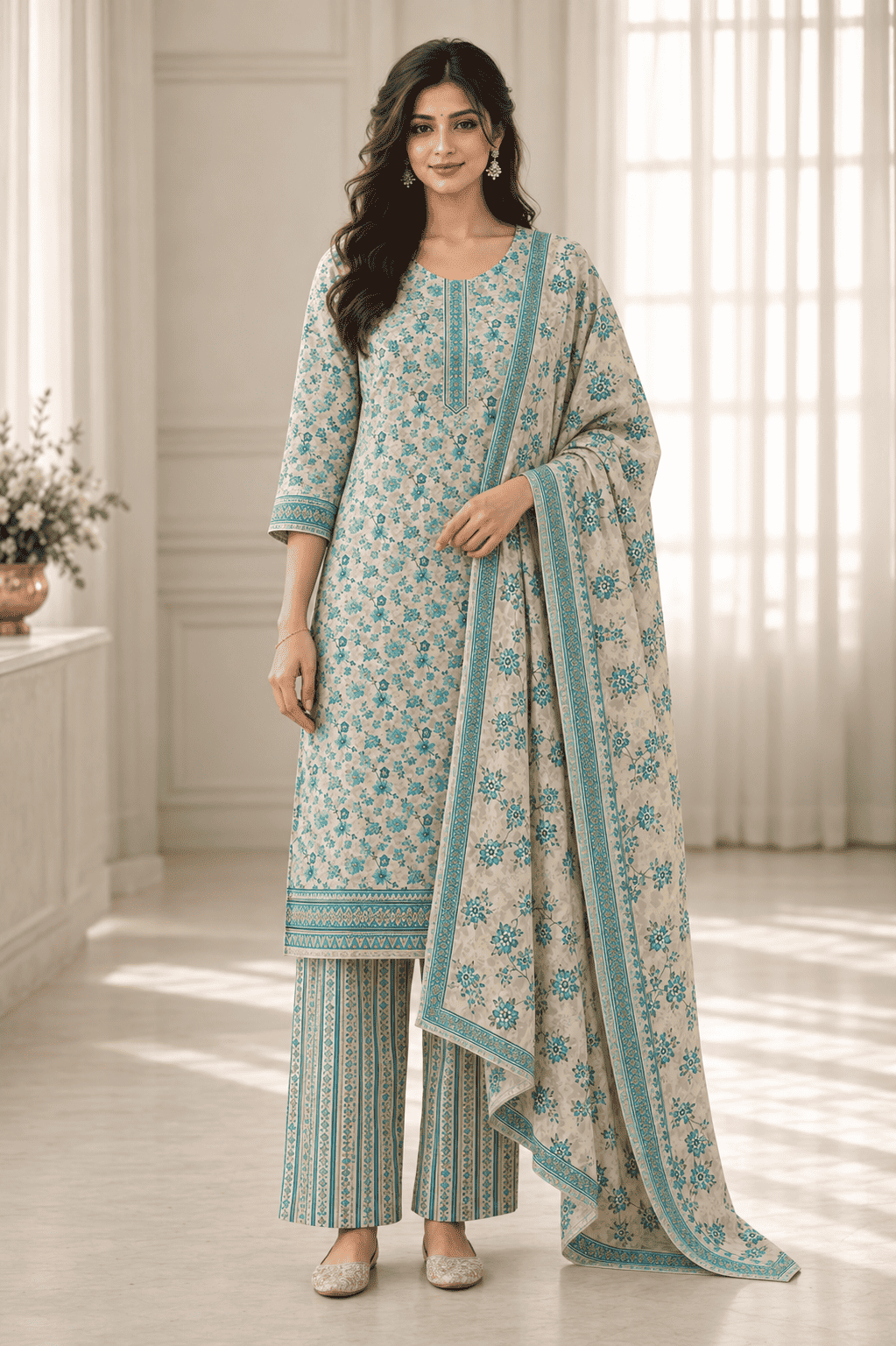 Beige cotton teal floral printed kurta pant set with dupatta