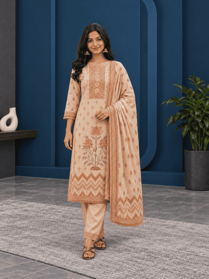 Unstitched brown printed cotton suit with dupatta