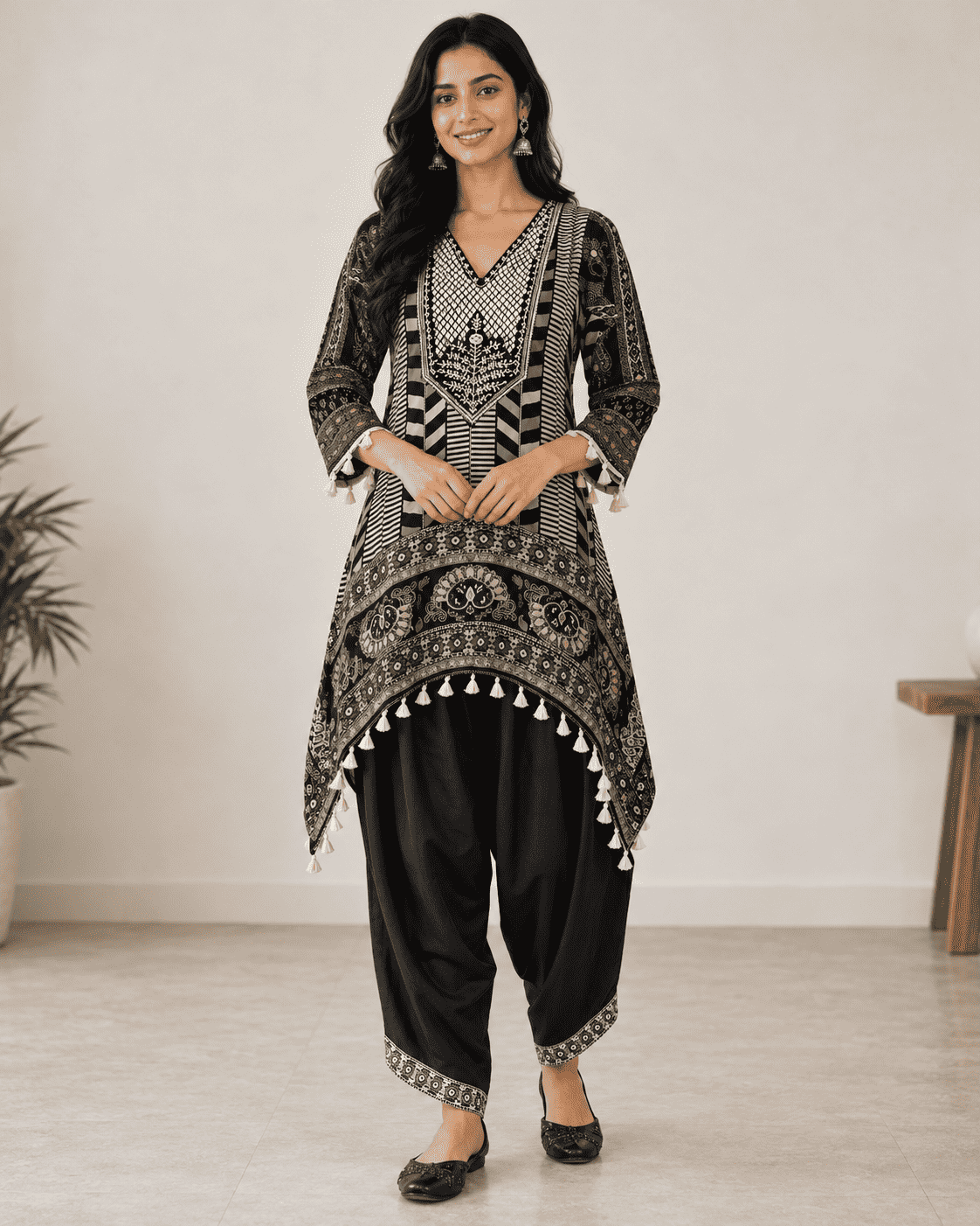 Black Muslin Printed Kurta Pant Set