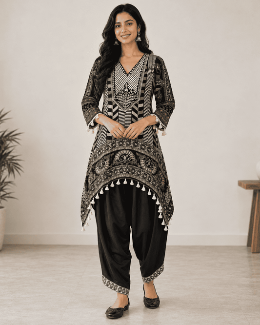 Black Muslin Printed Kurta Pant Set