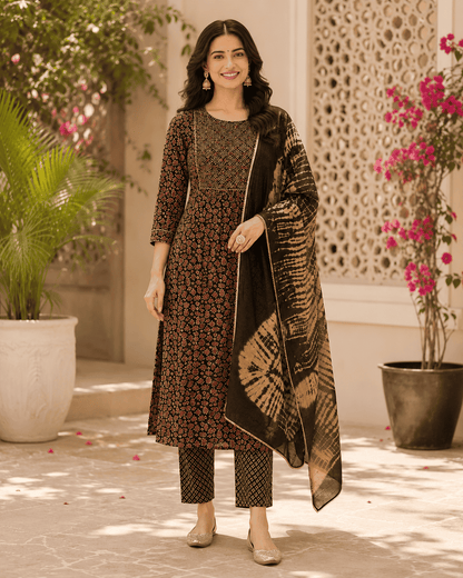 Black Printed Cotton Kurta Set With Tie And Dye Dupatta