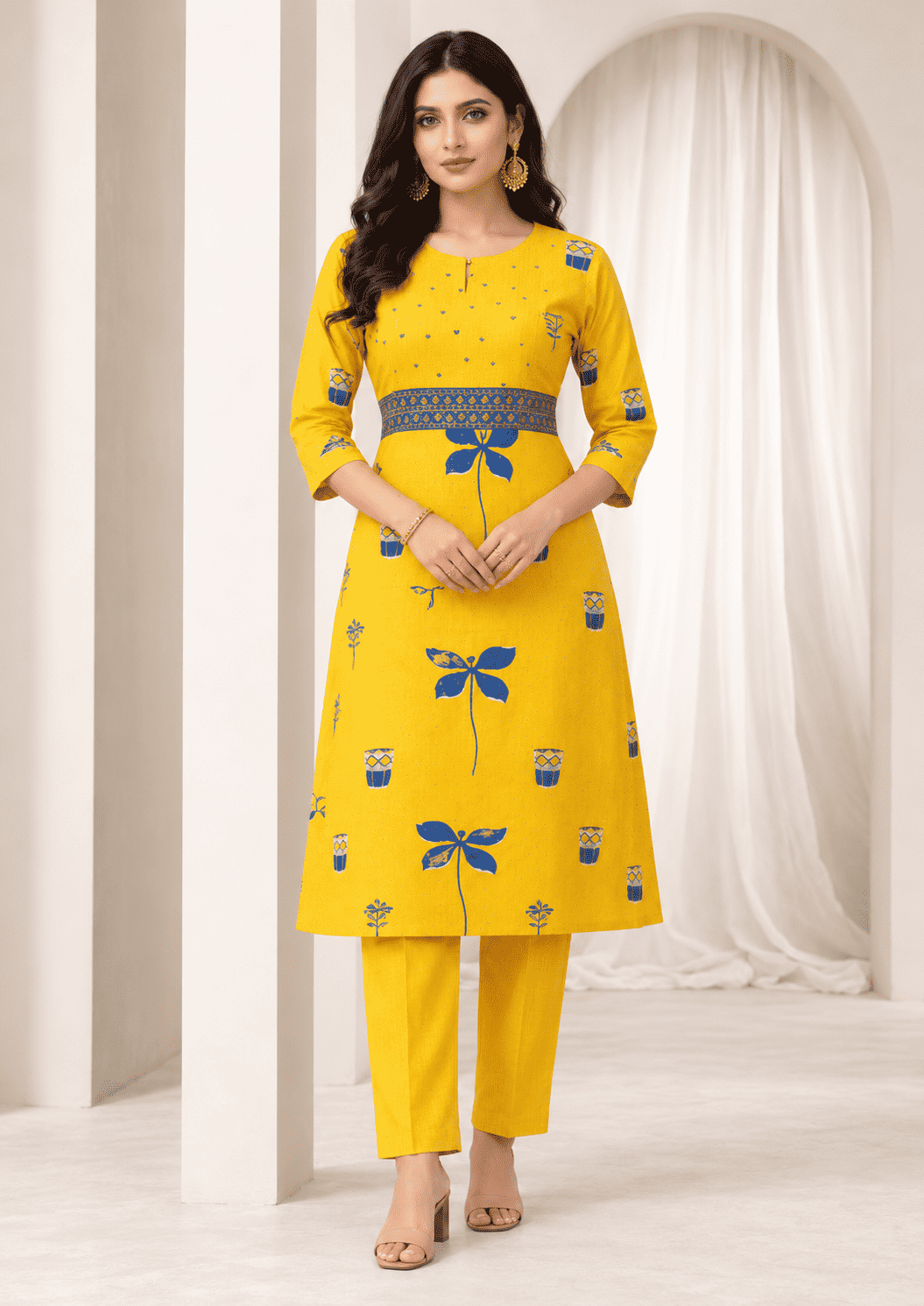 Mustard Yellow with Blue Print Cotton Kurta Pant Set