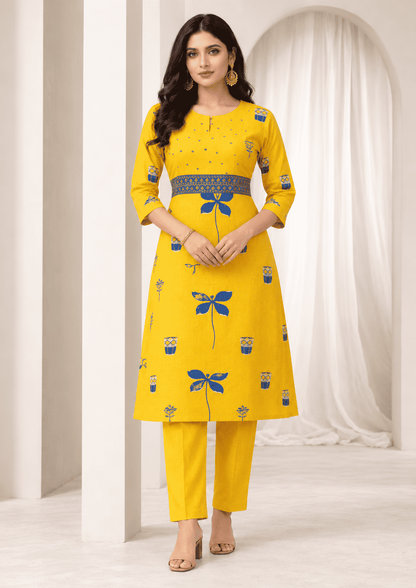 Mustard Yellow with Blue Print Cotton Kurta Pant Set