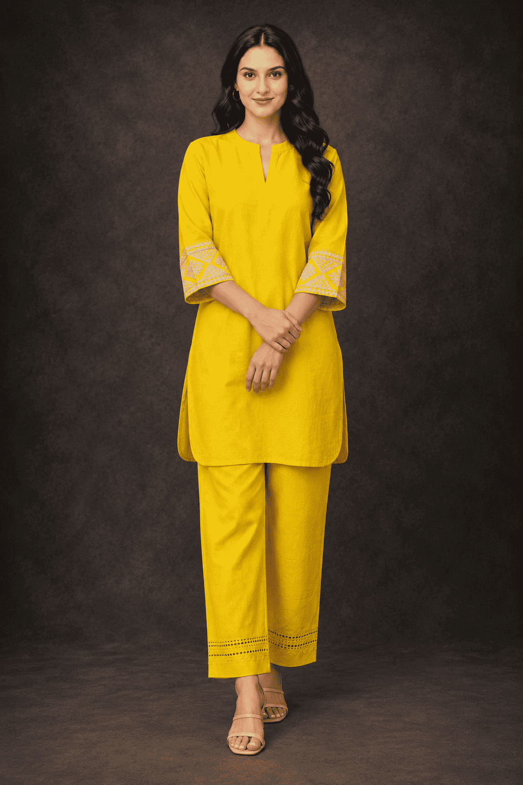 Mustard embroidered sleeves  linen kurta pant set