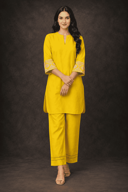 Mustard embroidered sleeves  linen kurta pant set