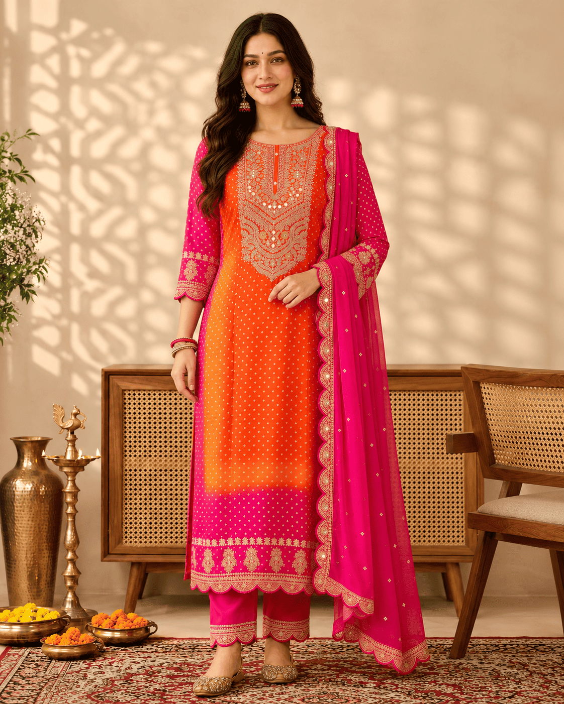Orange Chinon Bandhani Kurta Set With Intricate Embroidery Paired With Fuchsia Pink Dupatta
