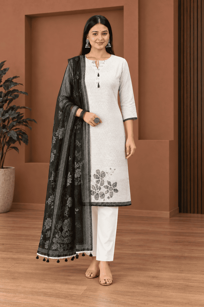 Unstitched sage grey cotton floral printed suit set with charcoal black dupatta