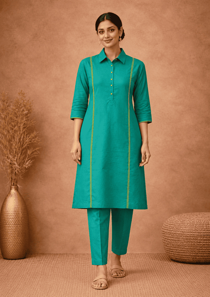Teal linen with lime piping shirt collar kurta pant set