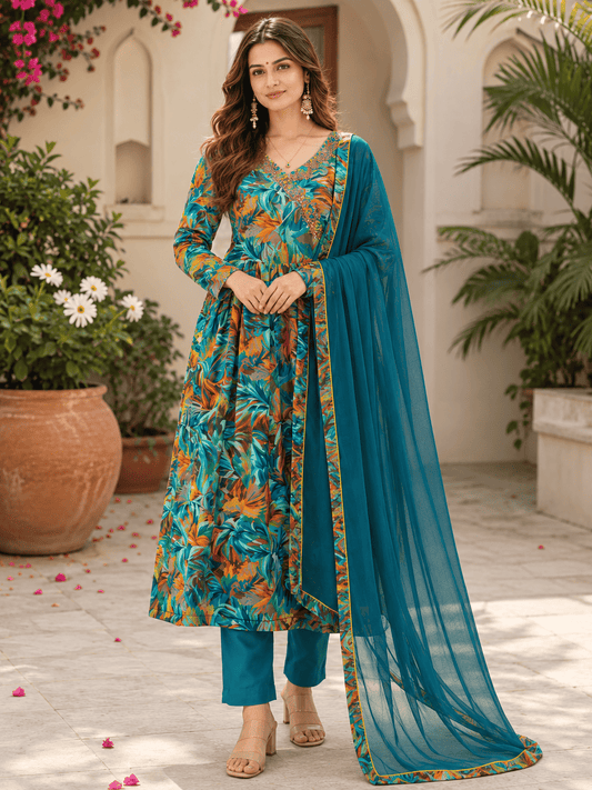 Cotton Mix Tropical Print Suit Set With Dupatta