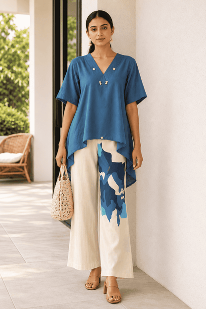 Blue Cotton Kurta with Printed Palazzo Set