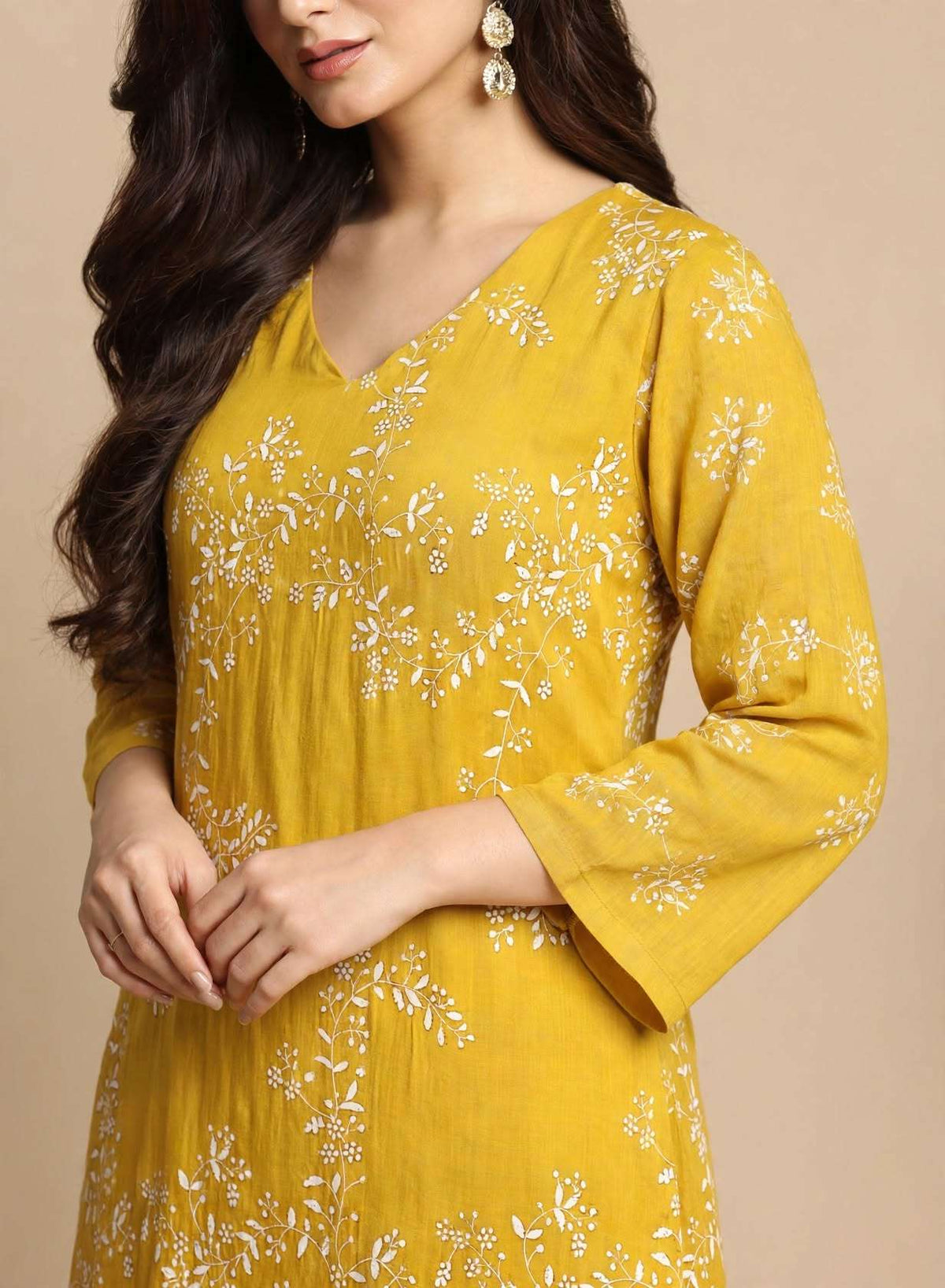 Yellow Floral Embroidery Mul Chanderi Kurta Set with Dupatta