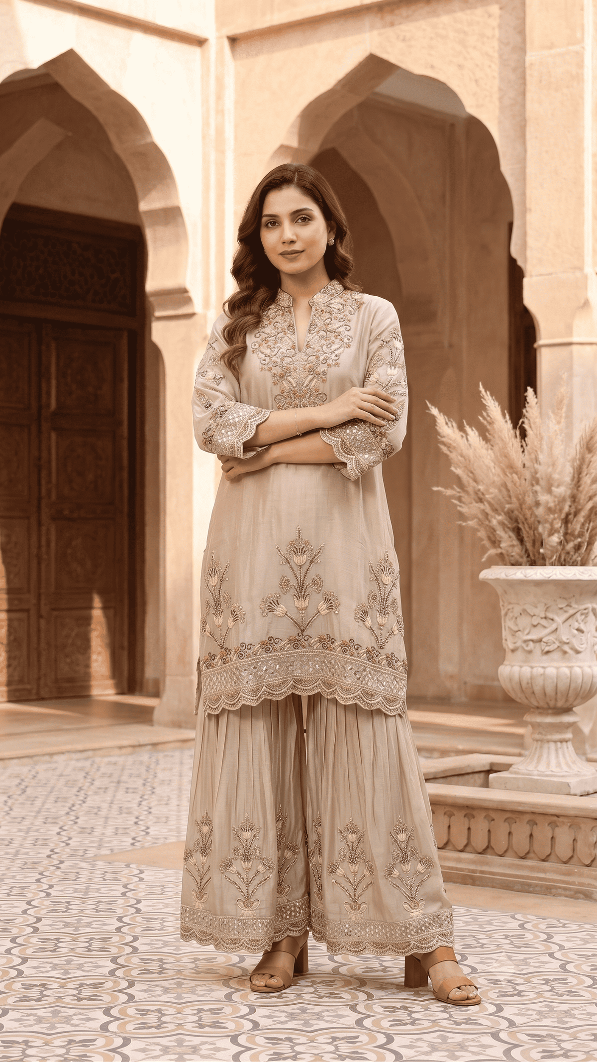 Beige Embroidered Chinon Kurta Sharara and Dupatta Set