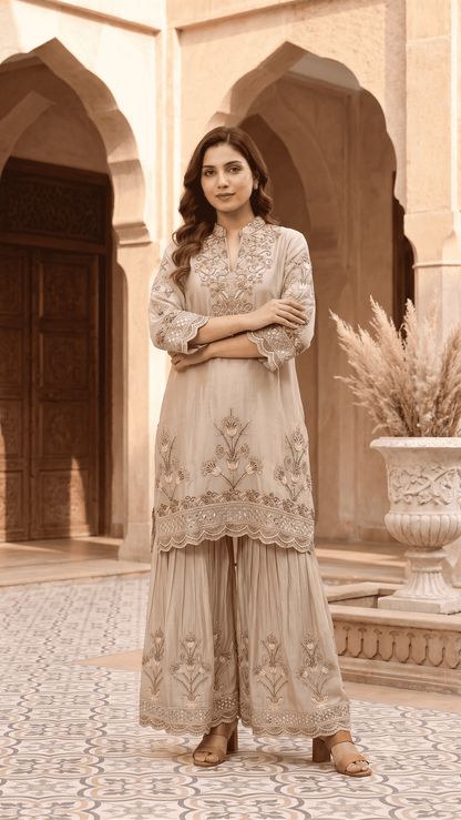 Beige Embroidered Chinon Kurta Sharara and Dupatta Set