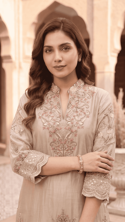 Beige Embroidered Chinon Kurta Sharara and Dupatta Set