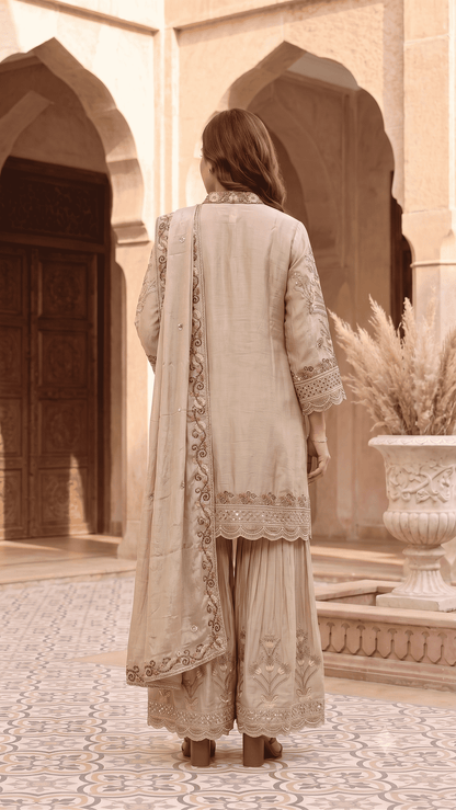 Beige Embroidered Chinon Kurta Sharara and Dupatta Set