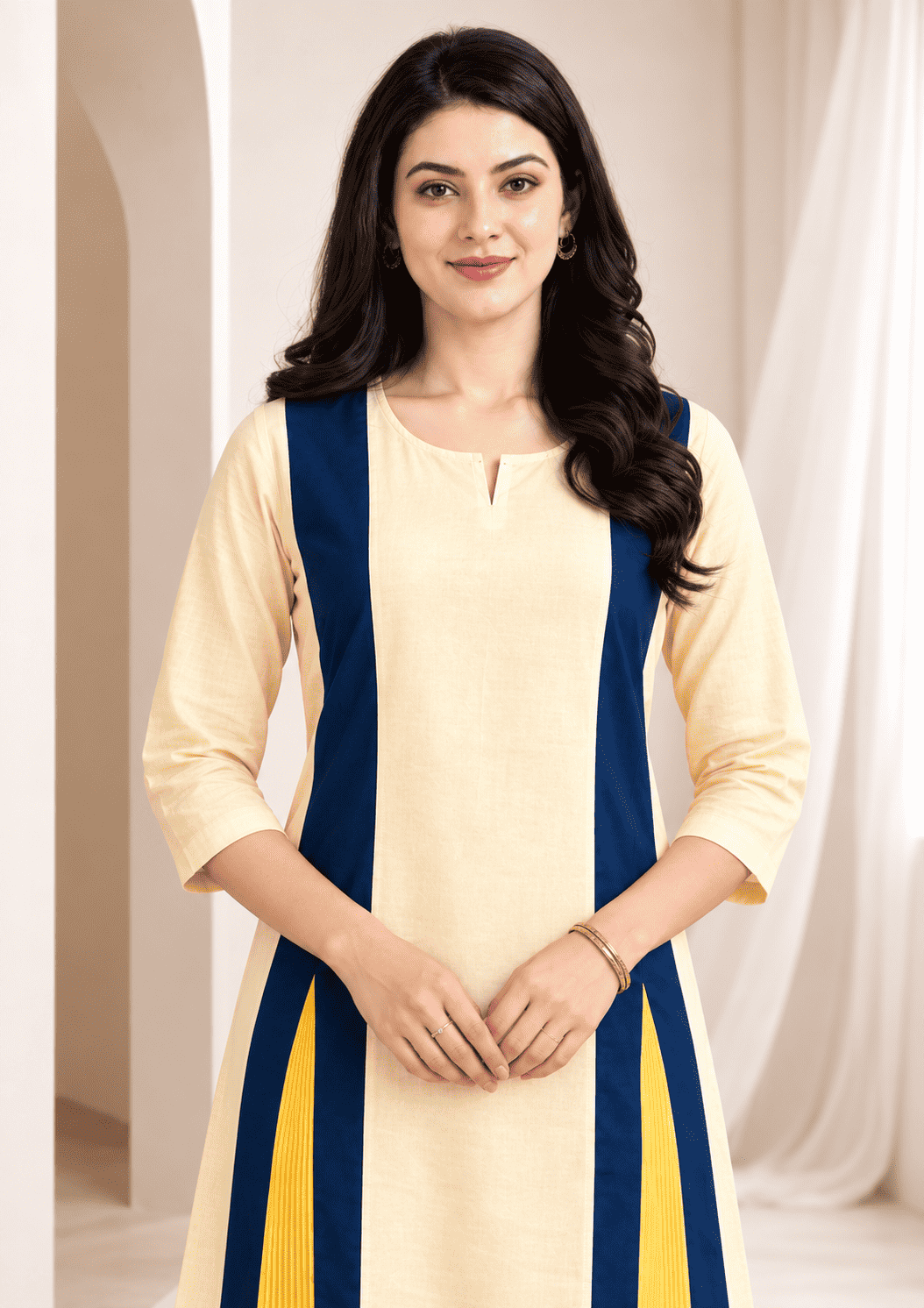 Cream cotton linen in navy colour block with inner lining kurta pant set