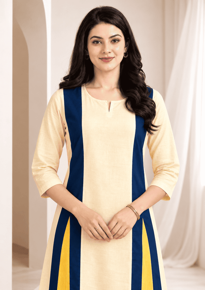 Cream cotton linen in navy colour block with inner lining kurta pant set