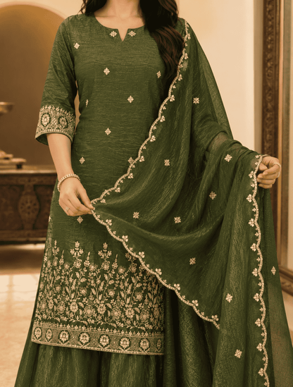 Green Silk Blend Embroidered Kurta Palazzo Dupatta Set