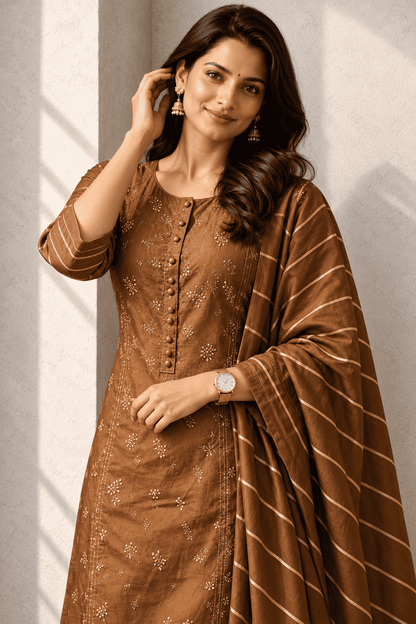 Chocolate brown silk kurta set with striped dupatta