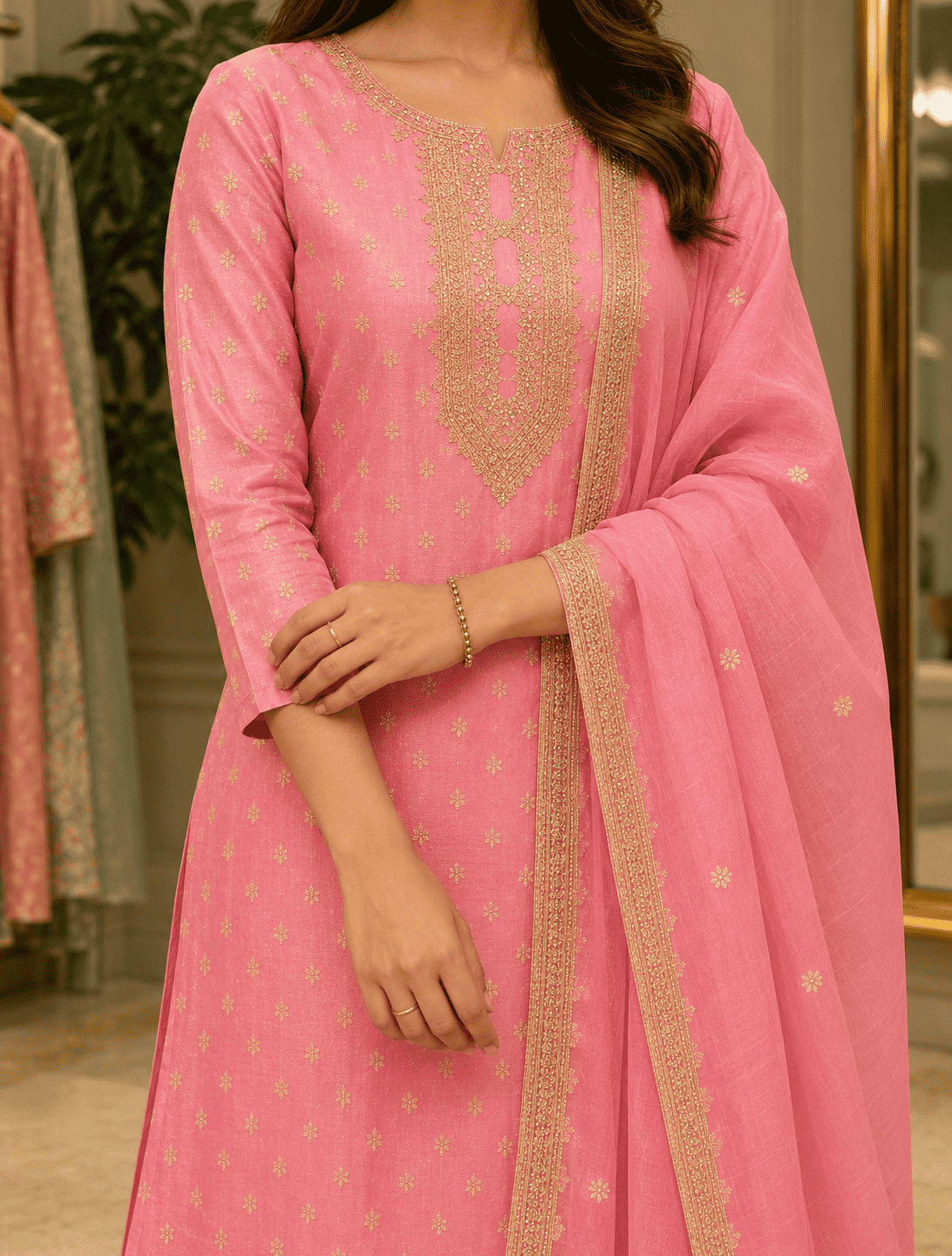 Pink Chanderi Silk Embroidered Kurta Pant and Dupatta Set