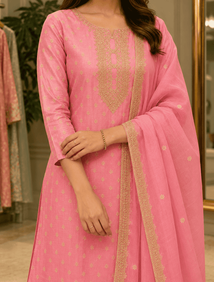Pink Chanderi Silk Embroidered Kurta Pant and Dupatta Set