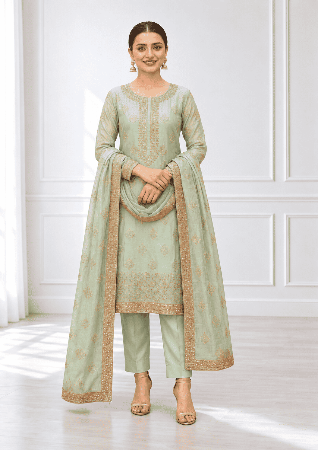 Semi-Stitched Soft Sea-Green Tissue Silk Wth A Glossy, Crinkled Texture Suit Material