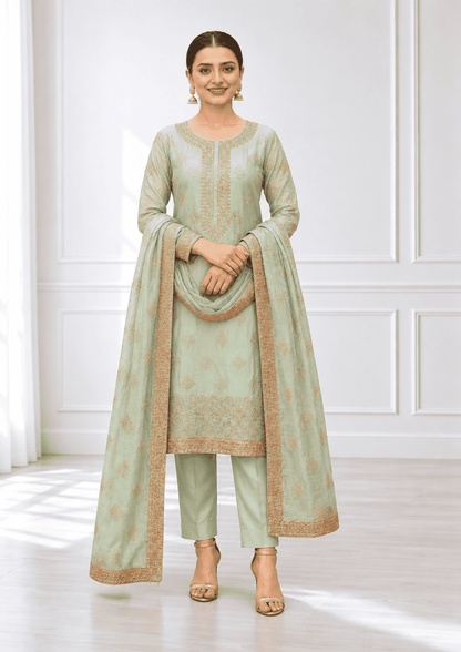 Semi-Stitched Soft Sea-Green Tissue Silk Wth A Glossy, Crinkled Texture Suit Material