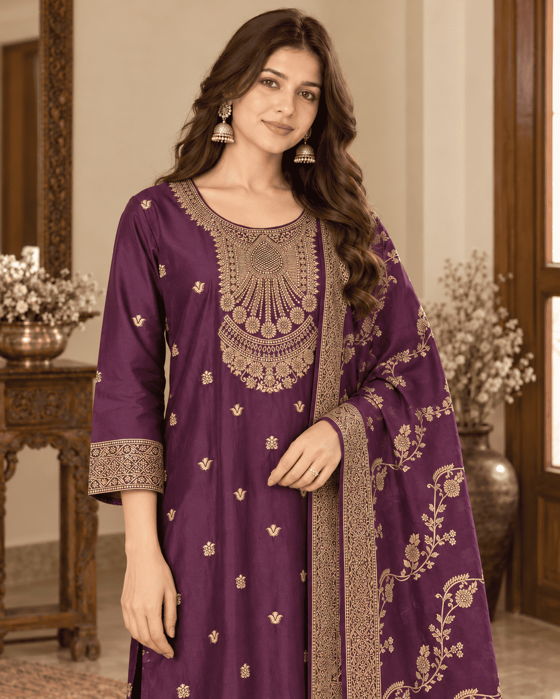Wine Cotton Silk Blend Kurta Pant and Dupatta Set