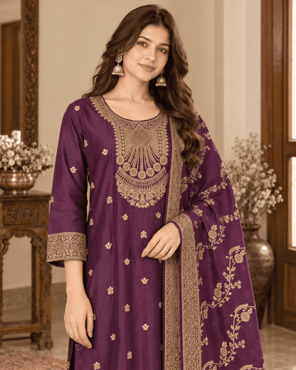 Wine Cotton Silk Blend Kurta Pant and Dupatta Set