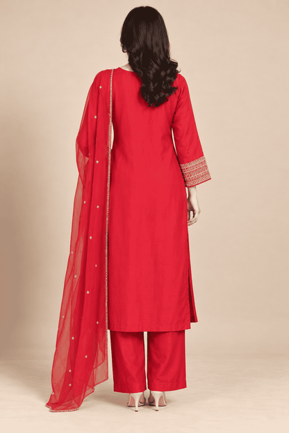 Magenta Embroidered Dola Silk Kurta and Pant with Dupatta