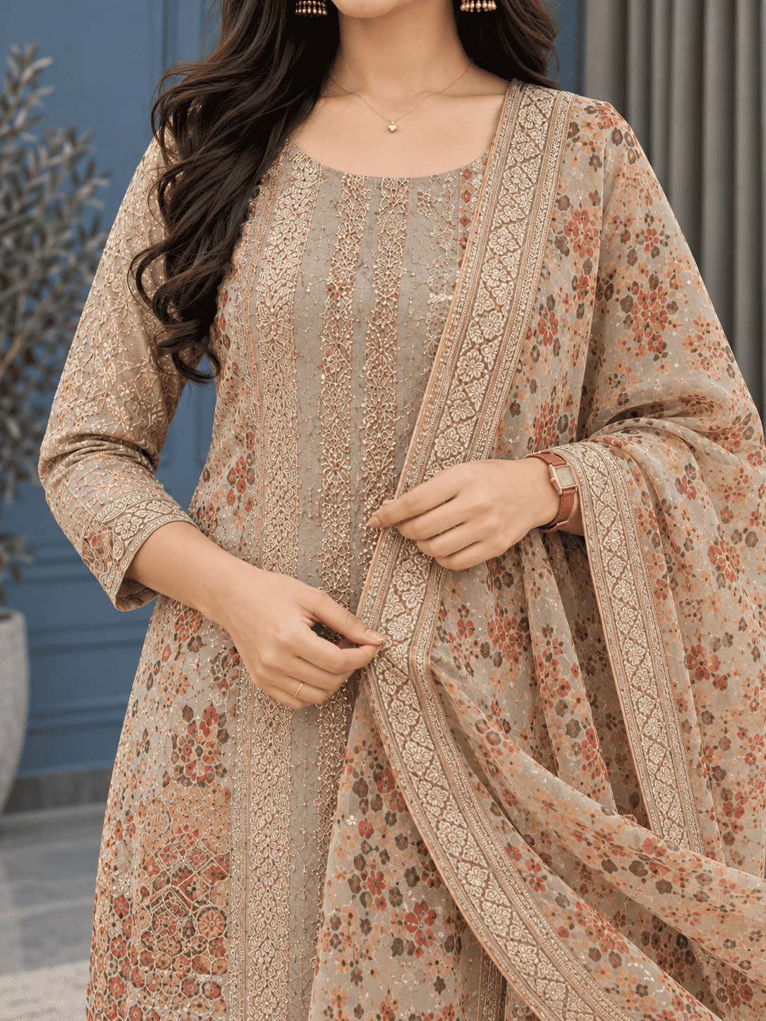 Beige Unstitched Multicoloured Embroidery And Mirror-Sequin Textured Chiffon Suit Set With Dupatta